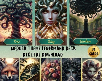 May include: A digital download of a 36 card Lenormand deck featuring a Medusa theme. The cards are illustrated with a variety of images, including a tree, a ring, a garden, a fox, a coffin, a bouquet, a mountain, and mice. The cards are designed in a dark and mysterious style, with a focus on the mythical creature Medusa.