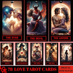 Baraja de cartas de tarot de 78, cartas de tarot con tema de amor, baraja de oráculo imprimible, baraja de tarot digital, principiante de baraja de tarot, principiante de baraja de tarot única