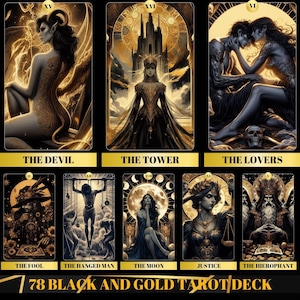 78 tarotkaarten dek, zwart en goud tarotdeck, afdrukbaar tarotdeck, tarotdeck beginner, elegant tarotdeck voor digitale download, gouden dek