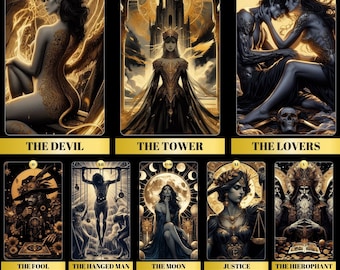 Puede incluir: Un juego de 78 cartas de tarot con ilustraciones en negro y dorado. Las cartas presentan imágenes del Diablo, la Torre, los Amantes, el Loco, el Ahorcado, la Luna, la Justicia y el Hierofante.