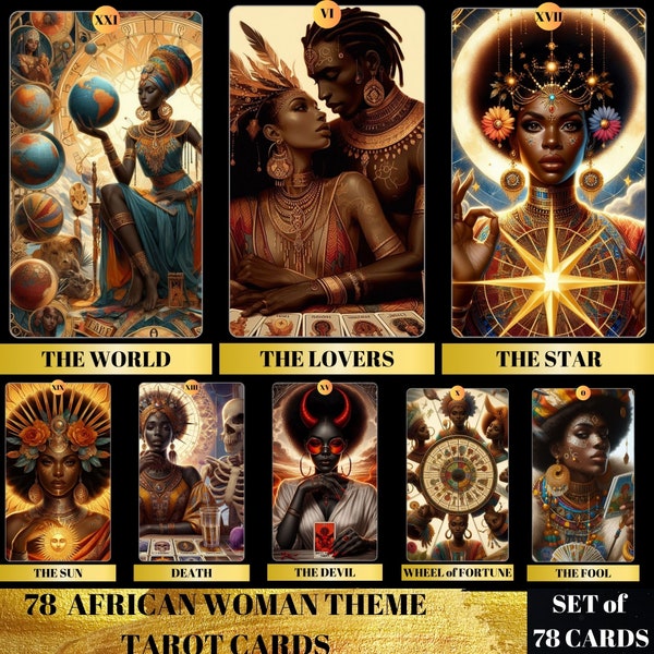 78 Tarot Cards Deck, African Woman Theme 78 Tarot Cards, printable tarot deck, tarot deck beginner, Afro Girl Art, Ethnic Tarot, Tarot PNG