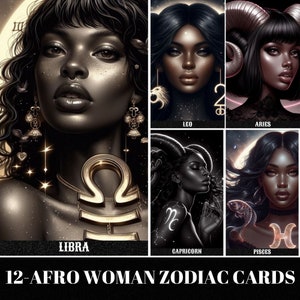 Afro Woman Sternzeichen Tarotkarten Clipart, 12 Sternzeichenkarten, Sternzeichen Design Clipart, Sternzeichen Digitale Datei, Tarotkarte
