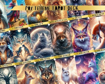 May include: A tarot deck featuring vibrant illustrations of foxes in various poses and settings. The cards display titles such as "The Fool," "The Sun," and "Death," with a gold banner reading "FOX TEHEME TAROT DECK" across the top.