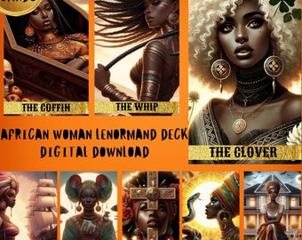 Puede incluir: Un juego de 36 cartas de Lenormand con mujeres africanas. Las cartas están dispuestas en una cuadrícula con los nombres de cada carta impresos debajo. Las cartas están ilustradas con imágenes coloridas de mujeres y objetos.
