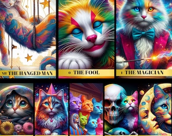 Tarot de Gatos Coloridos: Baraja Felina de 78 Cartas (PNG Imprimible)