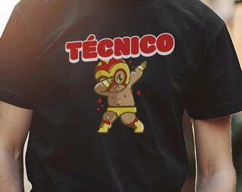 May include: Black t-shirt featuring a cartoon wrestler performing the dab, with the word "TÉCNICO" in red lettering.