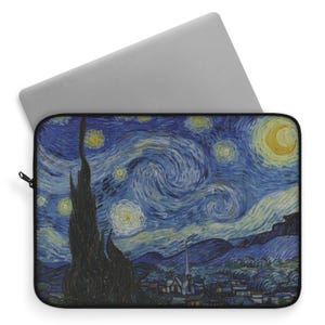 May include: A laptop sleeve featuring a vibrant blue and yellow starry night sky with swirling clouds and a dark silhouette of a tree in the foreground. The artwork is reminiscent of Vincent van Gogh's famous painting, "The Starry Night."