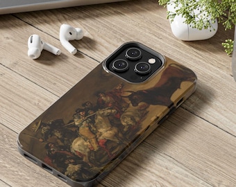 May include: A phone case with a painting of a bullfight scene. The case is black and has a raised camera bump. The painting is in a dark, muted color palette and features a bull and several figures on horseback.