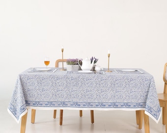 Hand Block Printed Cotton Tablecloth – Light Blue White Floral, Jaipur Artisan Design