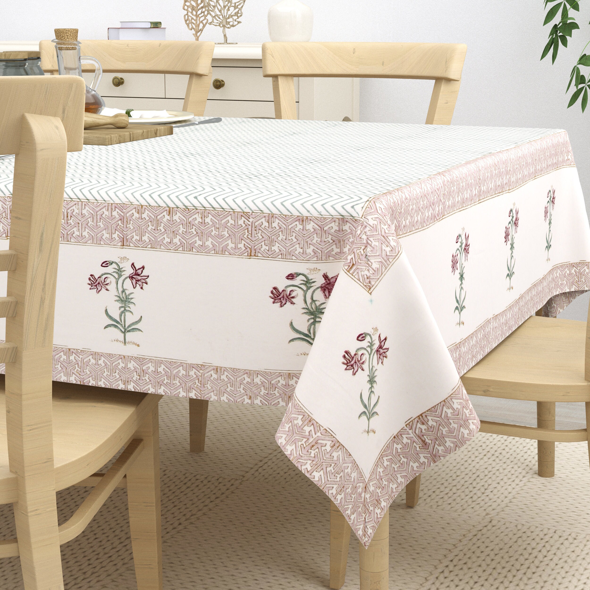 Hand Block Printed Cotton Tablecloth - Indian Floral Dining Cover With ...