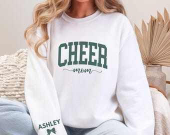 Custom Cheer Mom Sweatshirt, Personalized Cheer Bow Crewneck With Name, School Spirit Shirt For Mom, Cheerleader Mom Gift