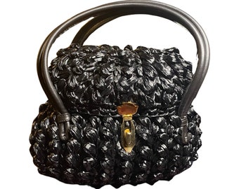 RARE JANA Vintage Black Raffia Woven Purse Lined Made in Italy 1950’s