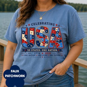 Faux Patchwork USA Shirt, Comfort Colors Patriotic Tee, 4th of July Shirt Women, Vintage USA Graphic Shirt, Celebrating USA 50th anniversary