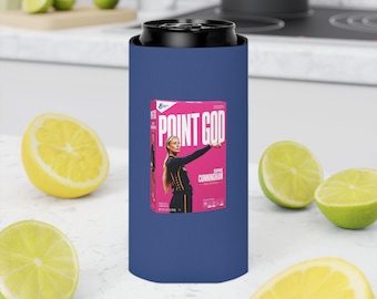 Point God cornflakesdoos blikkoeler | Marineblauwe neopreen koozie, basketbalontwerp