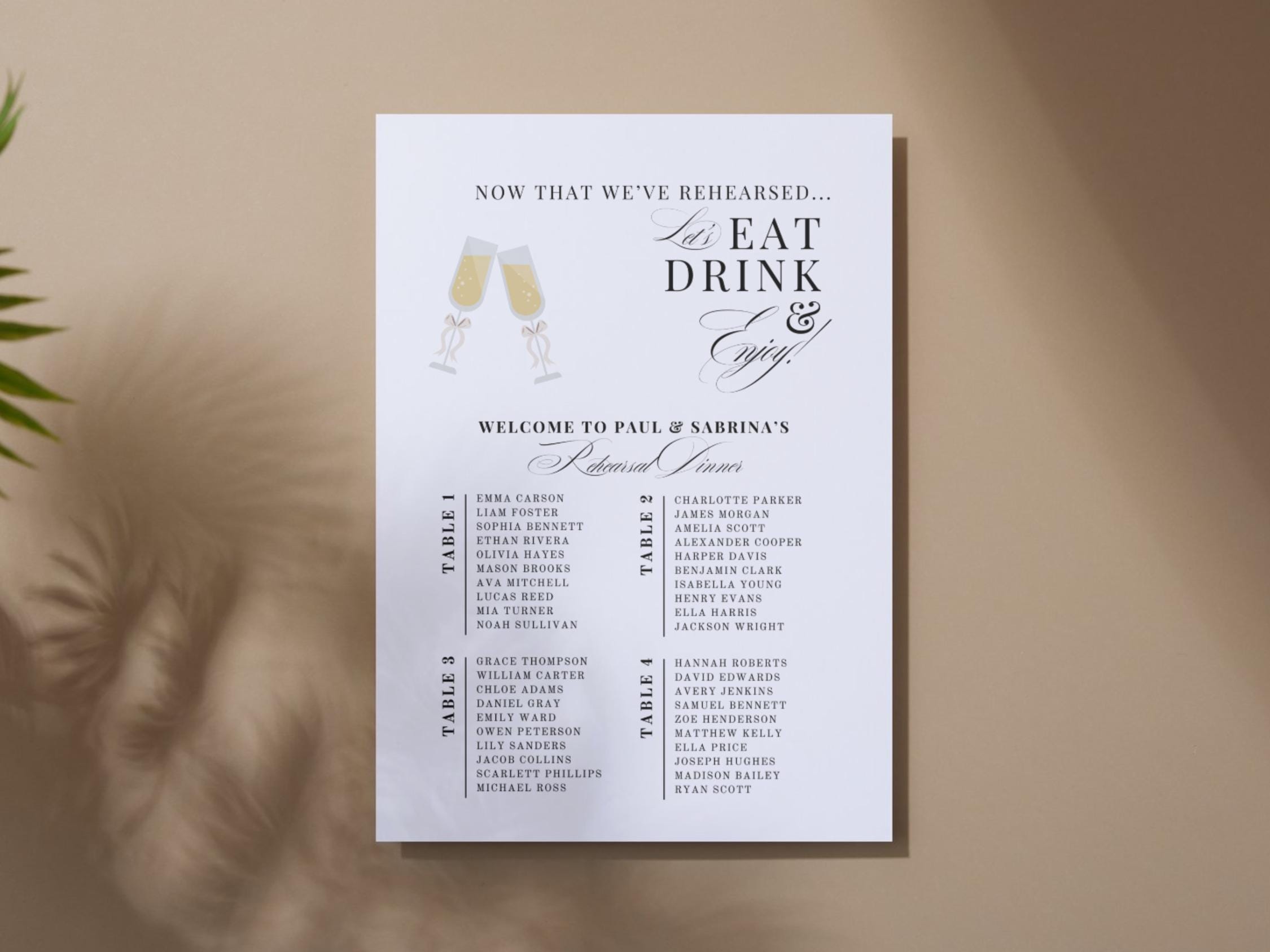 Rehearsal Dinner Seating Chart Template Elegant Wedding Sign