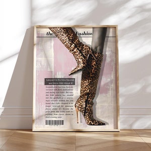 cream pink Trendy Leopard Boots Print Vintage Newspaper Poster Retro Bar Cart Magazine Cover Aesthetic Preppy Dorm Decor leopard in neutral