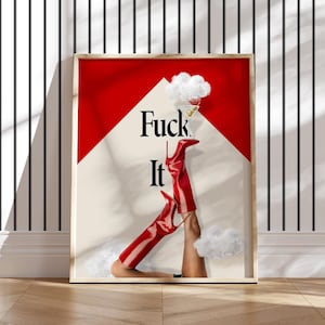 Trendy poster met coole spreuken rode laarzen muurkunst martiniglas grappig fuck it afdrukbare preppy coquette-poster bottoms up glitter wolken hakken