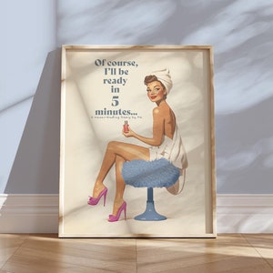 blue Bathroom Print Unique Retro Vintage Wall Art 70s Bedroom Poster blue Trendy Aesthetic Digital Download Pin Up Girly Teenage Room Decor