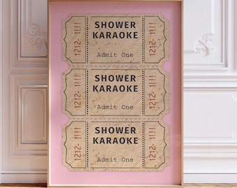 Shower Karaoke Print Pink Bathroom Retro Cream Aesthetic Shower Singing Funny Wall Art Vintage Trendy Home Decor Physical Print Ticket stub