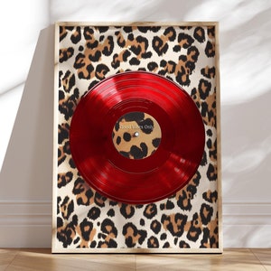 Arte de pared de leopardo retro, impresión de discos de vinilo rojos, póster de Good vibes Only, maximalista, preppy, moderno, póster Y2K, preppy, dopamina, estética funky