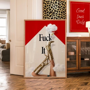 Trendy coole poster poster luipaard laarzen muurkunst martiniglas grappig fuck it afdrukbare preppy coquette slaapzaalposter bottoms up wolken hakken