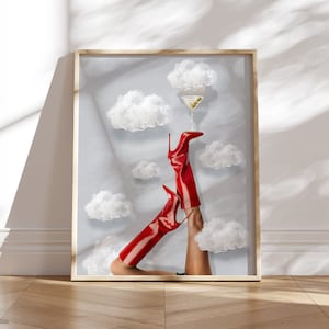 downloadbare prints Rode laarzen muurkunst martiniglas grappig trendy printbare preppy coquetteposter bottoms up blauwe lucht glitter wolken hakken