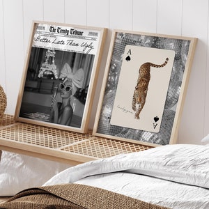 Juego de 2 impresiones de tarjetas retro Lucky You, mejor tarde que feo, arte de pared de periódico, bolas de discoteca, tarjeta de leopardo, póster de moda, regalo de San Valentín Y2K