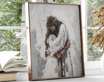 Healing Embrace Jesus Hugging a Woman wall Art Christian Painting Modern Christian Art Bible Verse Painting in his arms neutral muted colors