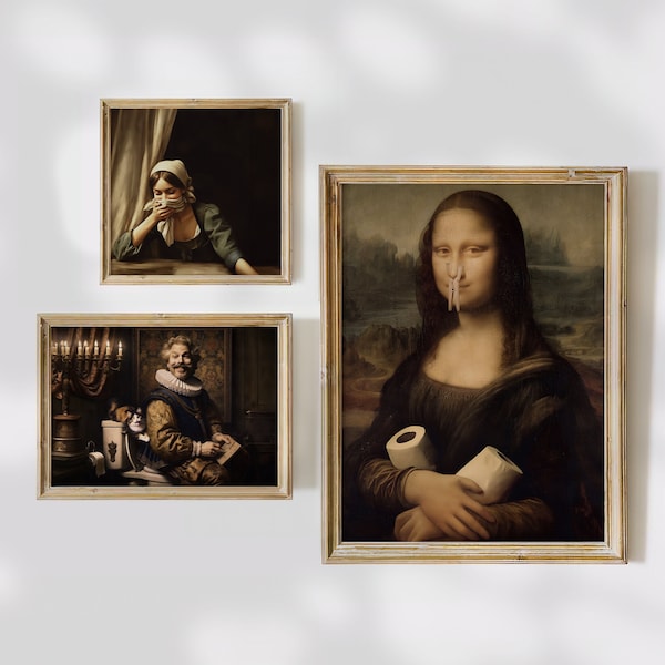 set of 3 Mona Lisa Funny Bathroom Altered Art gallery extra large wall art, Maximalist decor vintage print, Prank Gift, bathroom signs