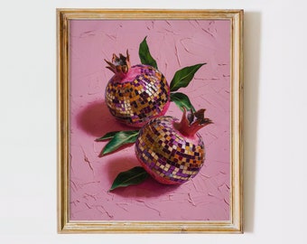 May include: Two pink pomegranates with gold and purple mosaic patterns on a pink background. The pomegranates are framed in a light wood frame.