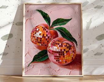 May include: Two pink peaches with a disco ball design on a pink background. The peaches are partially overlapping and have a green stem with leaves.