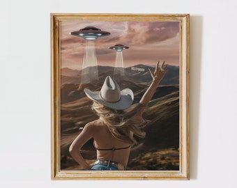 psychedelic art cool posters cowgirl wall art western prints, pop art, teen room decor, original painting, Hollywood Los Angeles, UFO art