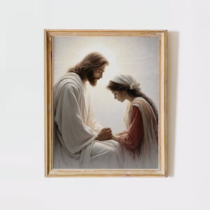 Jesus praying with Woman Christian wall Art Jesus Heals Woman Girl Portrait, LDS Art, Bible Painting, Christ Download Prints always with you