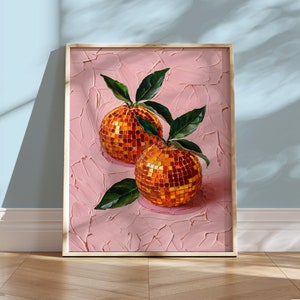 May include: Two orange fruits with a mosaic-like texture, painted in a realistic style on a pink background. The oranges are arranged in a still life composition with green leaves.