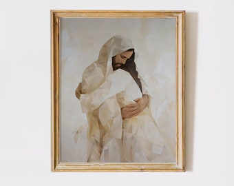 Jesus hugging a woman wall art abstract painting Modern Christian Print wall art neutral colours