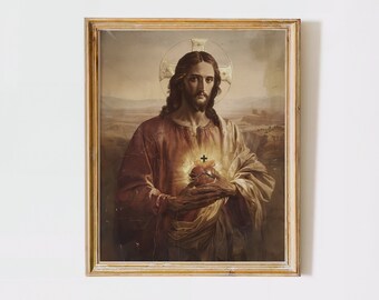 Heiliges Herz von Jesus Kunstdruck, rustikale christliche Wandkunst UNGERAHMTes Plakat