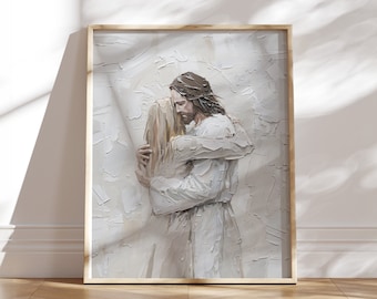 Jesus Hugging Girl Art Print, Christian Bible Verse Painting, christian wall art unframed poster