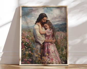 Jesus Hugging Girl Art Print, Christian Wildflower Painting, Unframed poster