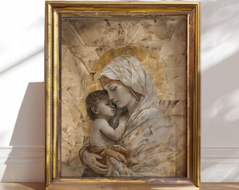 May include: A framed painting of a mother and child. The mother is wearing a white robe and holding the child in her arms. The child is looking up at the mother. The painting is done in a collage style with pieces of paper and fabric.