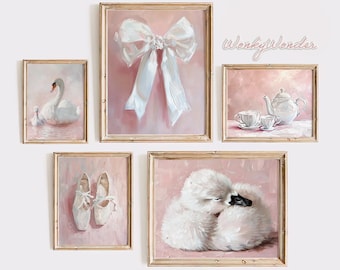 gallery wall set girl Coquette Vintage Swan Painting wall Art Set of Five  Ballerina Shoes Tea Cups Bow printable for Nursery Decor blush
