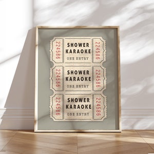Shower Karaoke Ticket Print Bathroom Funny Wall Art for dad Retro boho Cream Aesthetic Shower Singing Vintage Trendy sage green Decor