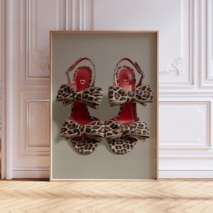 red leopard stiletto high heels print lime cream wall art vintage fashion designer poster shoes coquette bows preppy trendy luxury vogue