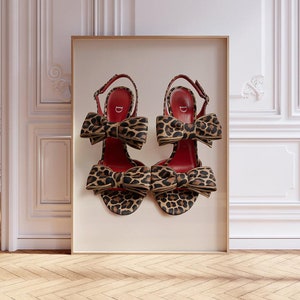 red leopard stiletto high heels print wall art vintage fashion designer inspired poster shoes coquette bows preppy trendy luxury vogue print