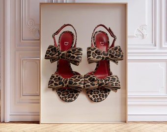 red leopard stiletto high heels print wall art vintage fashion designer inspired poster shoes coquette bows preppy trendy luxury vogue print