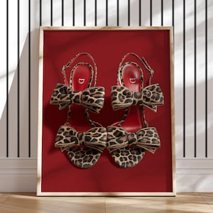 red leopard stiletto high heels printable wall art poster vintage fashion designer poster shoes coquette bows preppy trendy luxury vogue