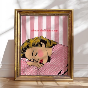 Impressão boho rosa bebê retrô vintage arte de parede pôster dos anos 70 estética moderna pin up anos 50 feminino anos 40 adolescente na dúvida tire uma soneca anos 40
