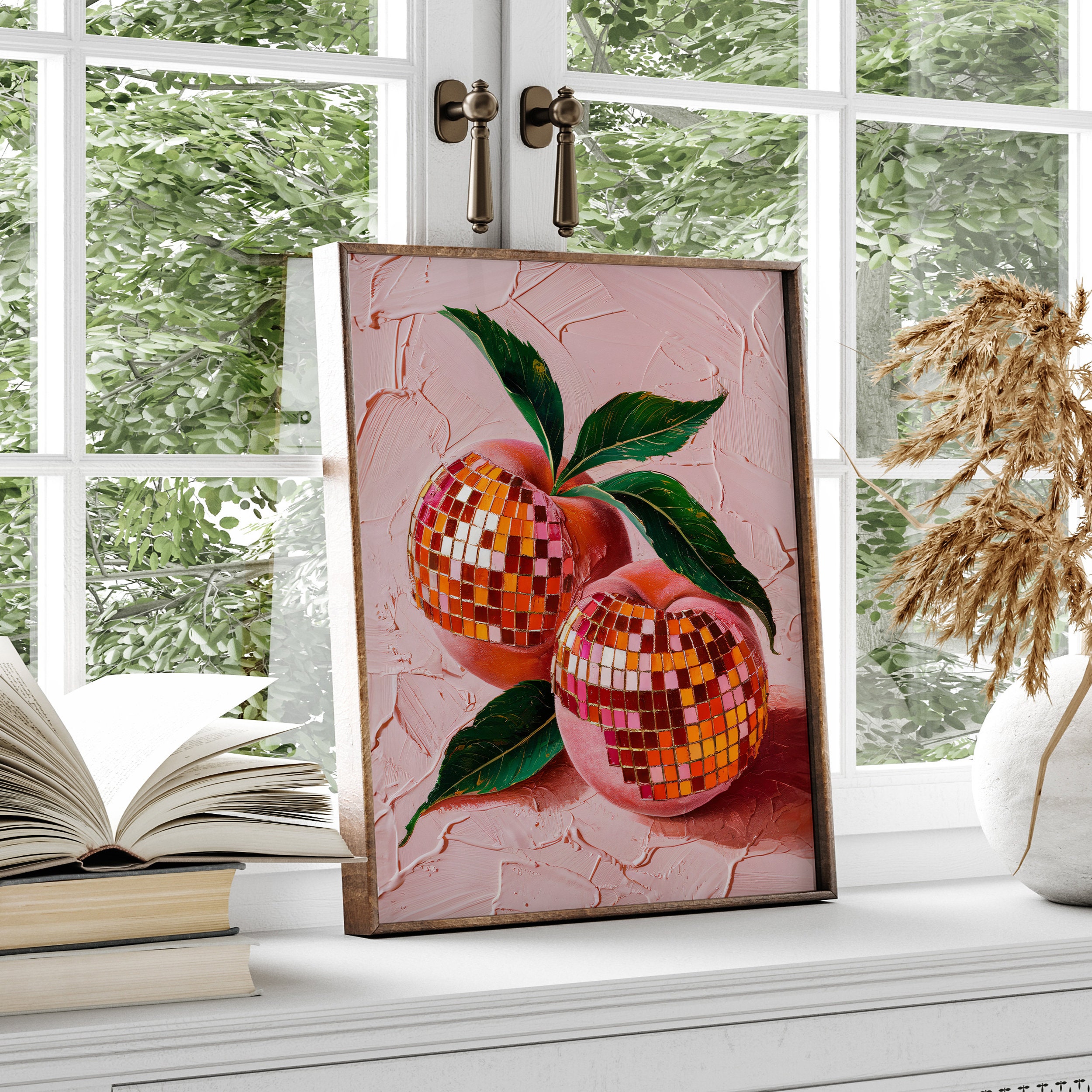 Peach Disco Ball Print: Retro Fruit Impasto Art UNFRAMED Unique