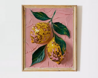 fruit market lemon Disco ball print, pink yellow green gold wall art Vibrant colours - vintage oil painting, dopamine, poster, kitchen decor