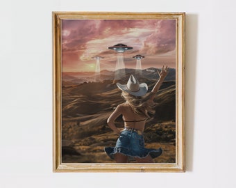 lobby western decor print cowgirl poster Vintage Western Wall Art pop ufo art teen girl wall art