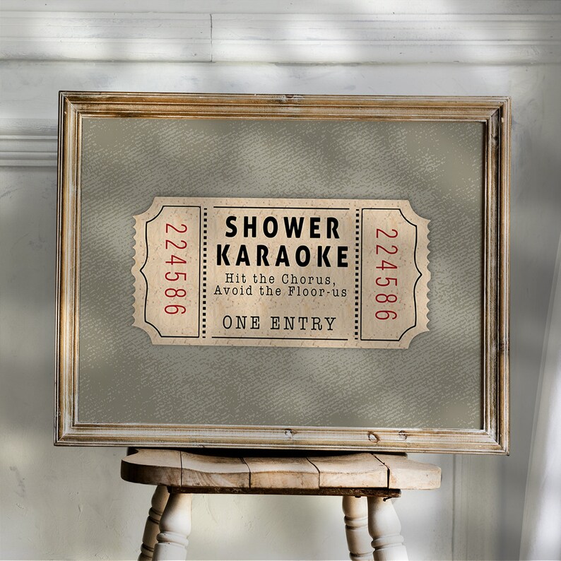Shower Karaoke Ticket Print for Bathroom Funny Wall Art boho green neutral Aesthetic for Shower Singing Vintage Trendy Decor Digital poster